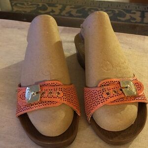 Dr. Scholl's Orange Laser-Cut Slide Sandals with Gold Buckle